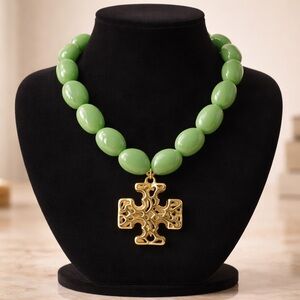 Tory Burch Green Necklace with Gold Cross Pendant